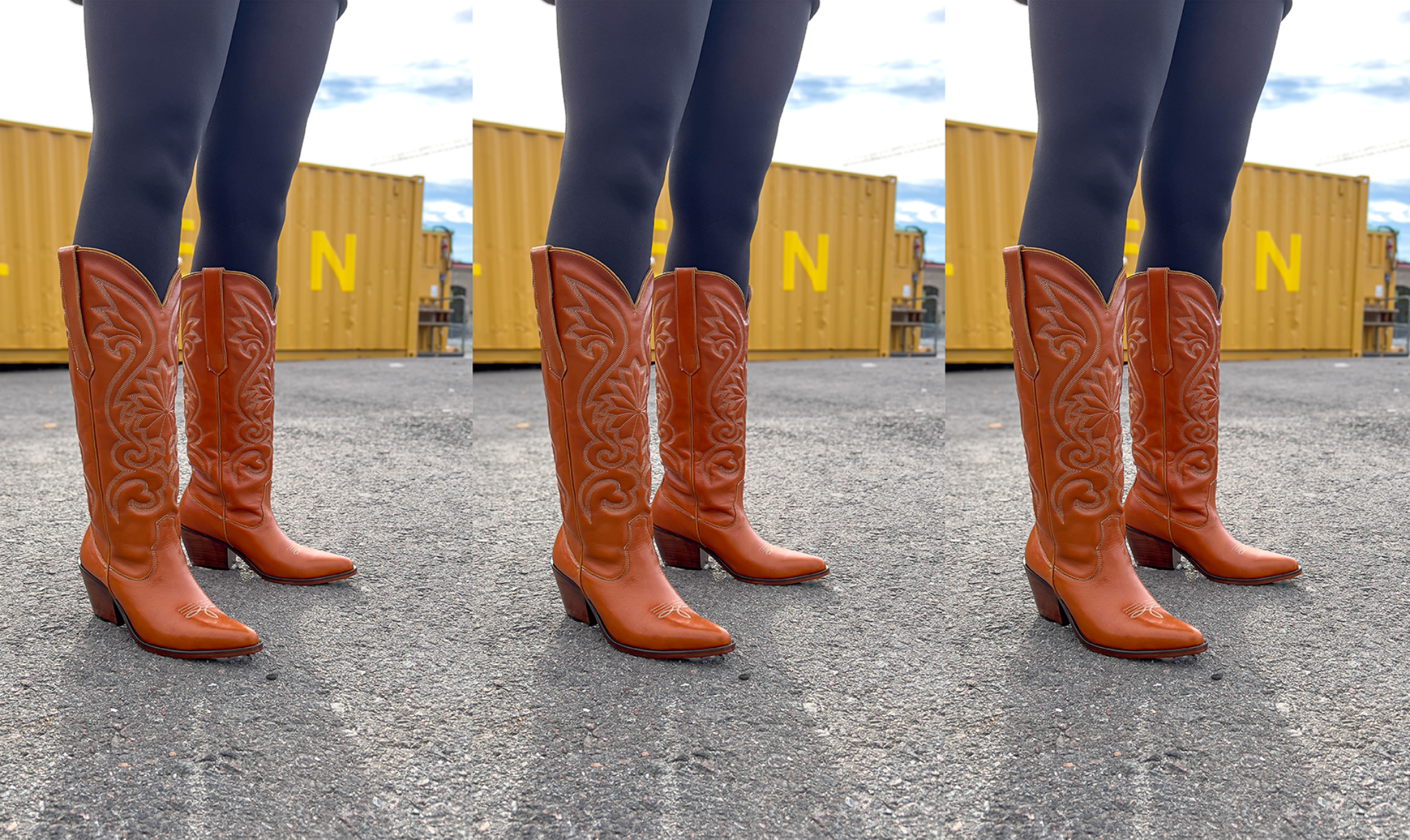 Brown cowboy boots worn with blue leggings on a gray pavement background.