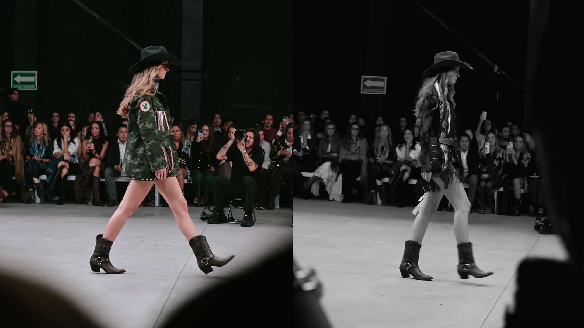 Model walking on a fashion show runway with a split view showing color and black-and-white versions.